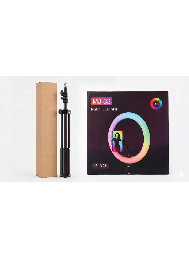 رنج لايت ملون RGB مقاس 13 بوصة مع ستاند حامل ثلاثي وقاعدة جوال مرنة للتصوير والبث المباشر - موديل MJ-33 - Image 1