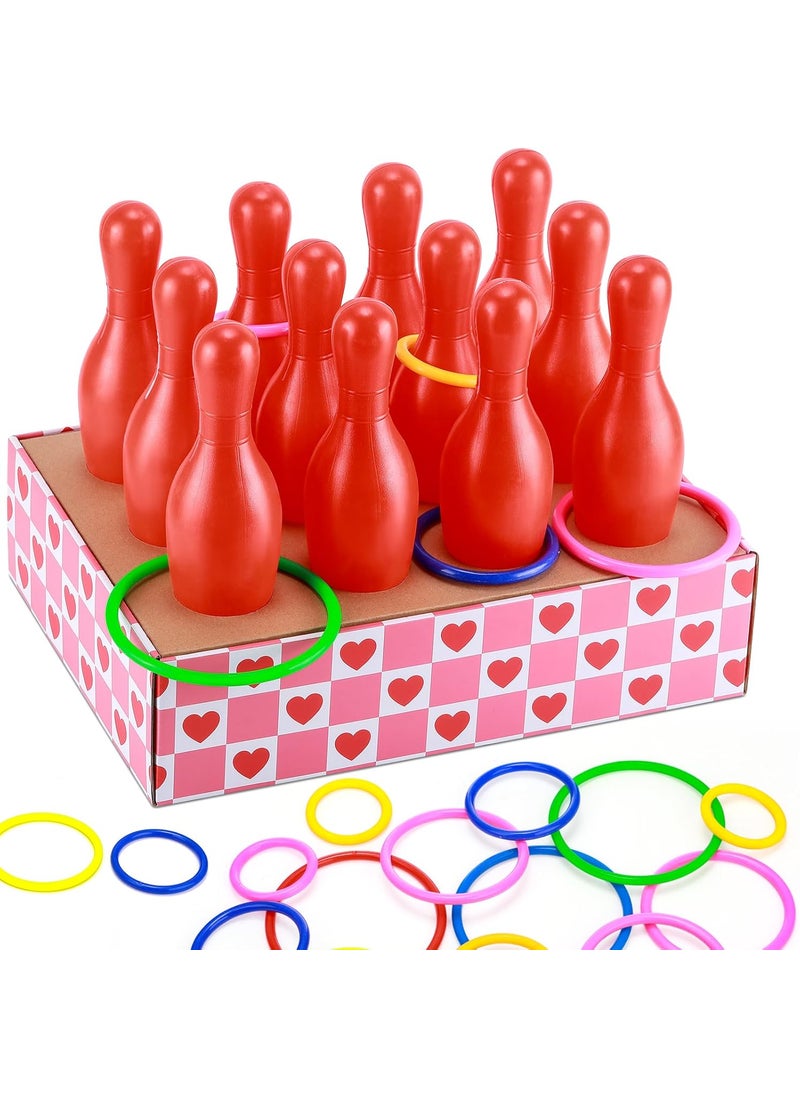 Leitee Leitee 45 Pcs Valentine Bottle Toss Game Bowling Set Pink Red Hearts Box 12 Plastic Bowling Pins 32 Throw Toss Rings for Valentines Day Party Backyard Outdoor Activity  - Image 1