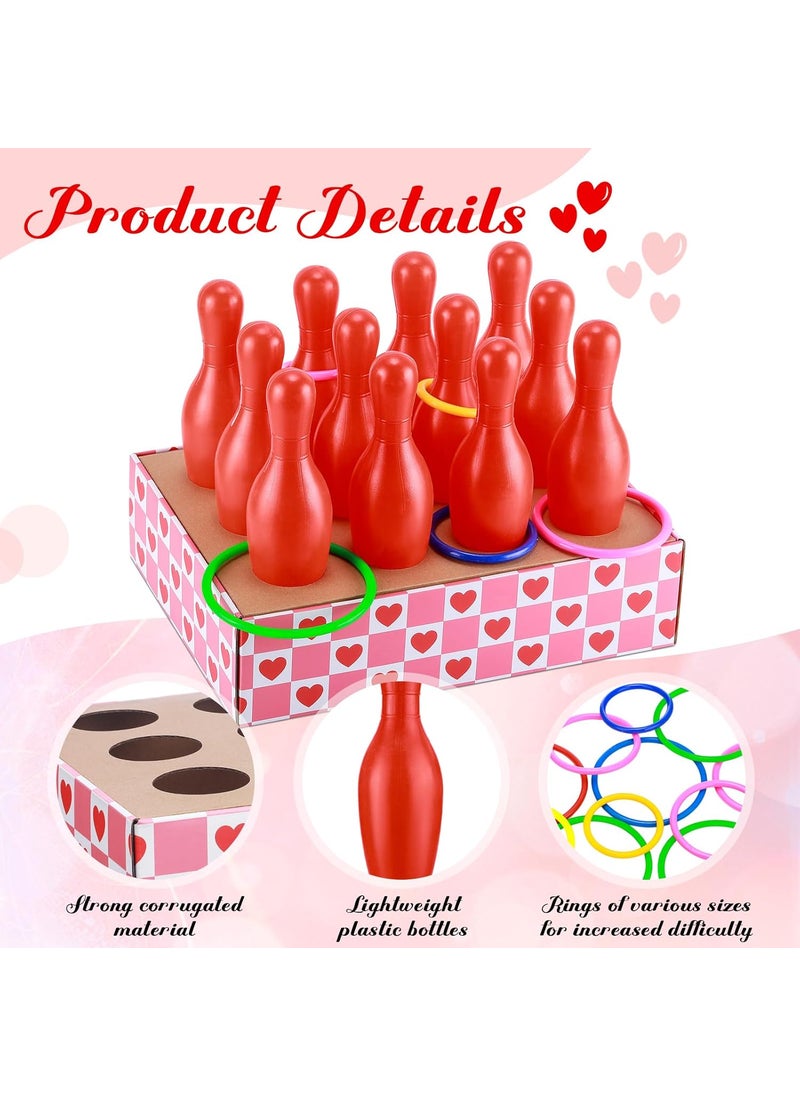 Leitee Leitee 45 Pcs Valentine Bottle Toss Game Bowling Set Pink Red Hearts Box 12 Plastic Bowling Pins 32 Throw Toss Rings for Valentines Day Party Backyard Outdoor Activity  - Image 3
