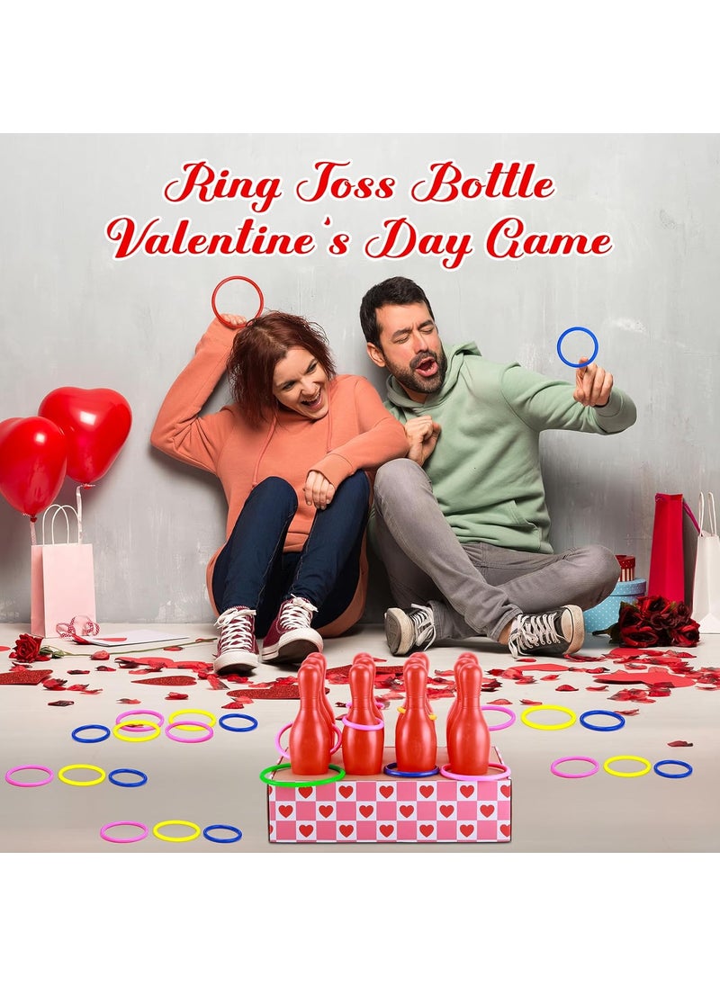 Leitee Leitee 45 Pcs Valentine Bottle Toss Game Bowling Set Pink Red Hearts Box 12 Plastic Bowling Pins 32 Throw Toss Rings for Valentines Day Party Backyard Outdoor Activity  - Image 5