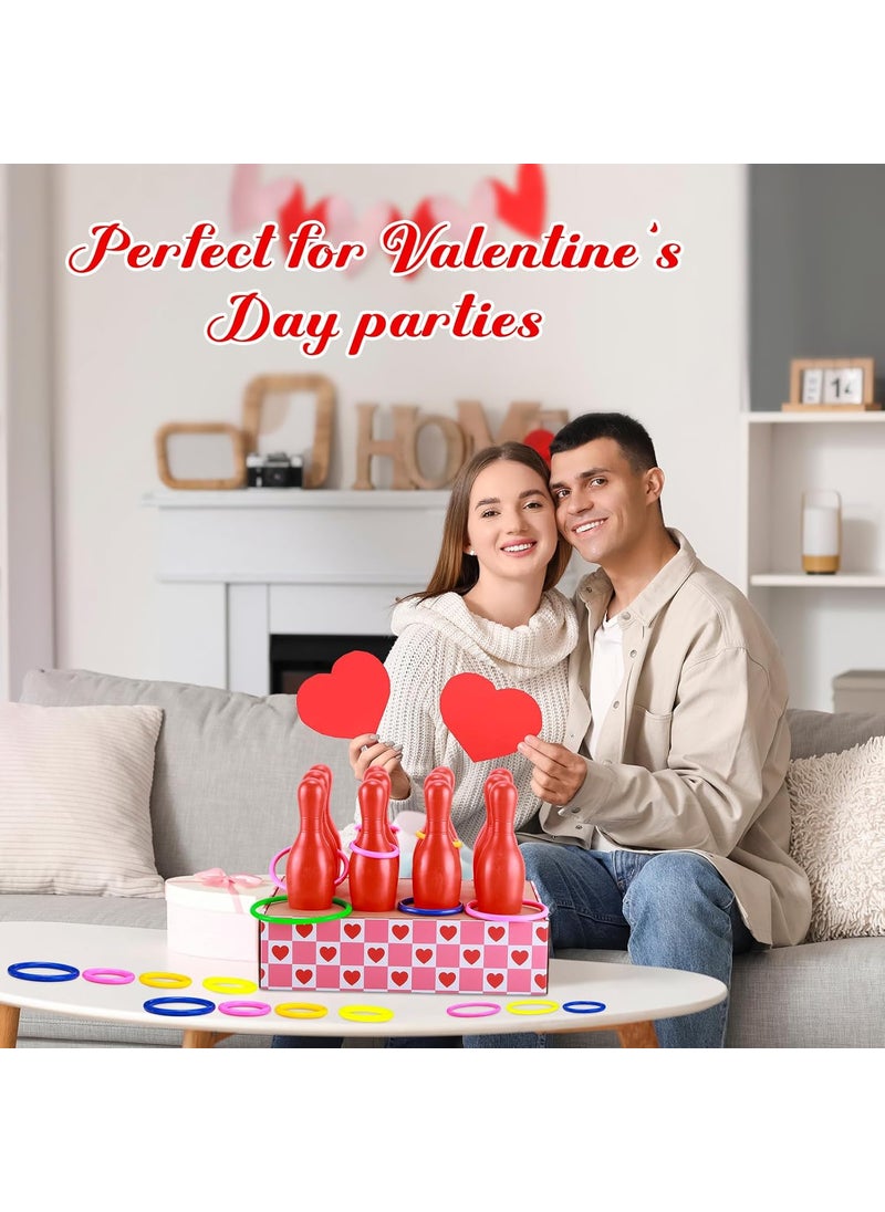 Leitee Leitee 45 Pcs Valentine Bottle Toss Game Bowling Set Pink Red Hearts Box 12 Plastic Bowling Pins 32 Throw Toss Rings for Valentines Day Party Backyard Outdoor Activity  - Image 4