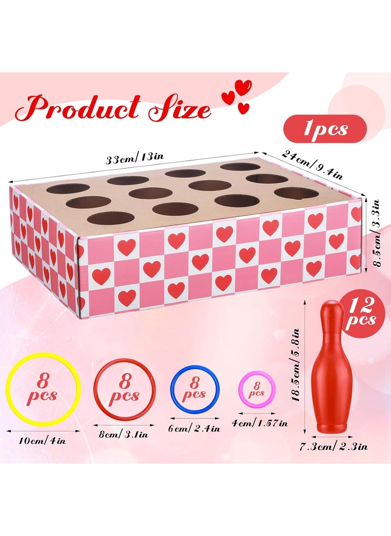 Leitee Leitee 45 Pcs Valentine Bottle Toss Game Bowling Set Pink Red Hearts Box 12 Plastic Bowling Pins 32 Throw Toss Rings for Valentines Day Party Backyard Outdoor Activity  - Image 2