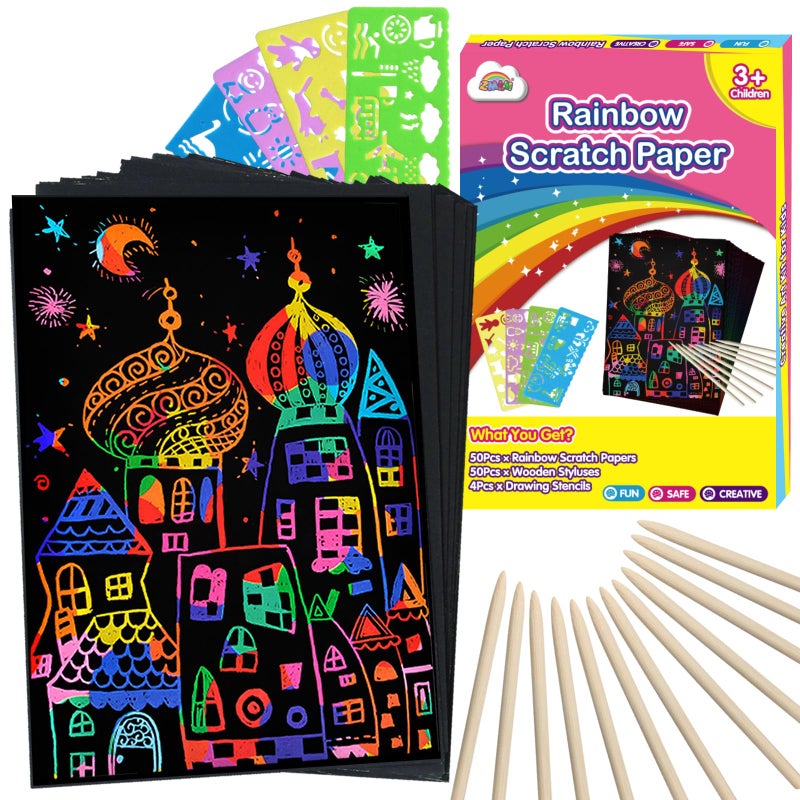 ZMLM Scratch Art Crafts Girls Gifts, 100pcs Rainbow Scratch Paper Art for 3 4 5 6 7 8 9 Years Old Girls and Boys Kids, Arts and Crafts for Kids 4-6 Toys and Party Favors (Pink) - Image 1