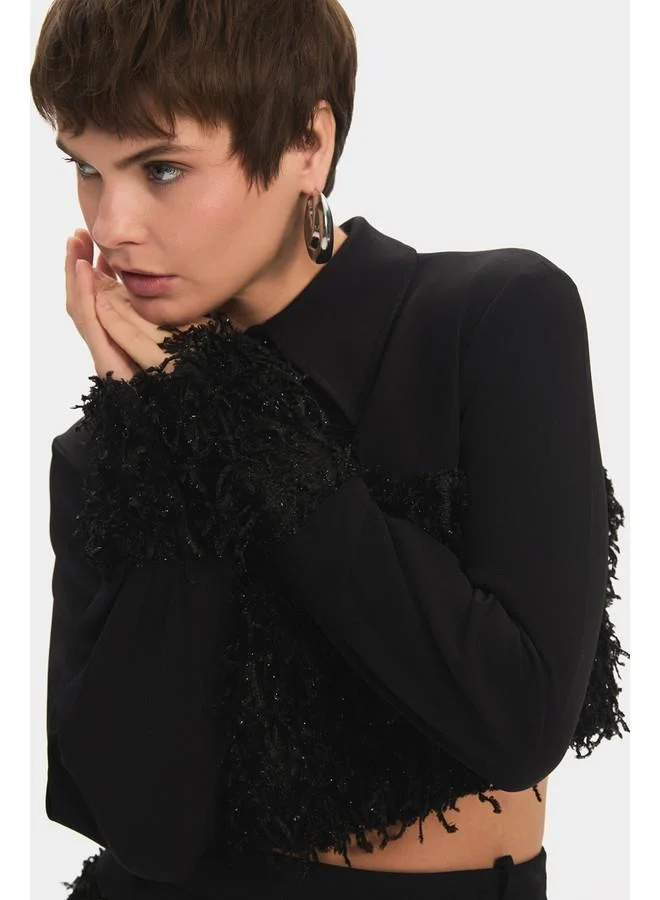 JUNE June Women Furry Jacket Mini Glitter Skirt Set Black