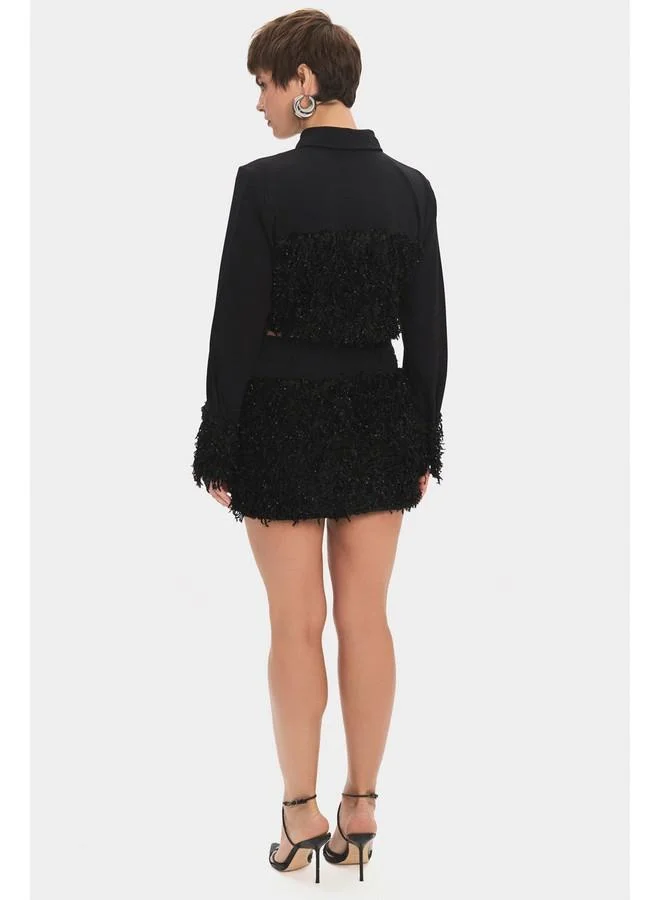 JUNE June Women Furry Jacket Mini Glitter Skirt Set Black