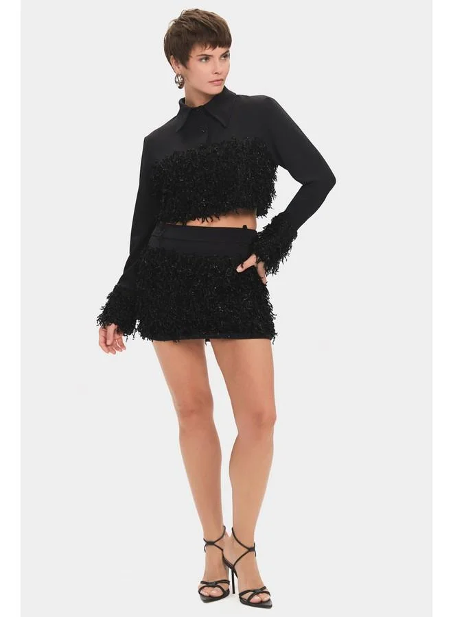 JUNE June Women Furry Jacket Mini Glitter Skirt Set Black