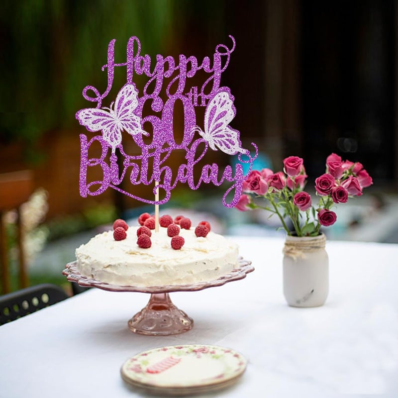 Kaoenla 3D Butterfly Happy 60th Birthday Cake Topper  Butterfly Theme 60th/sixty Birthday/anniversary Party Cake Decor (60th  Purple) - Image 4