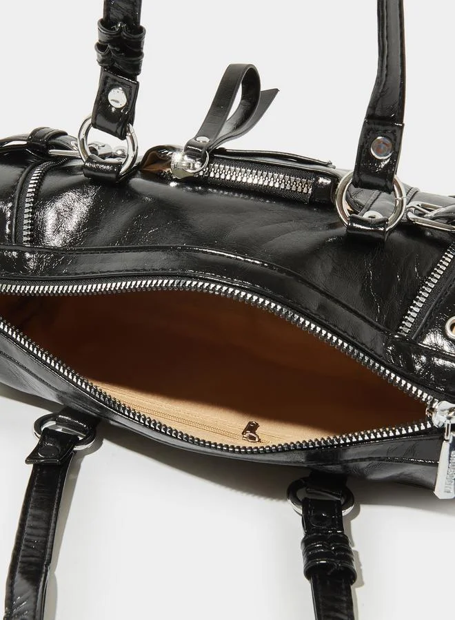 Styli  Black Patent City Shoulder Bag with Metal Details for Women | Best Price UAE