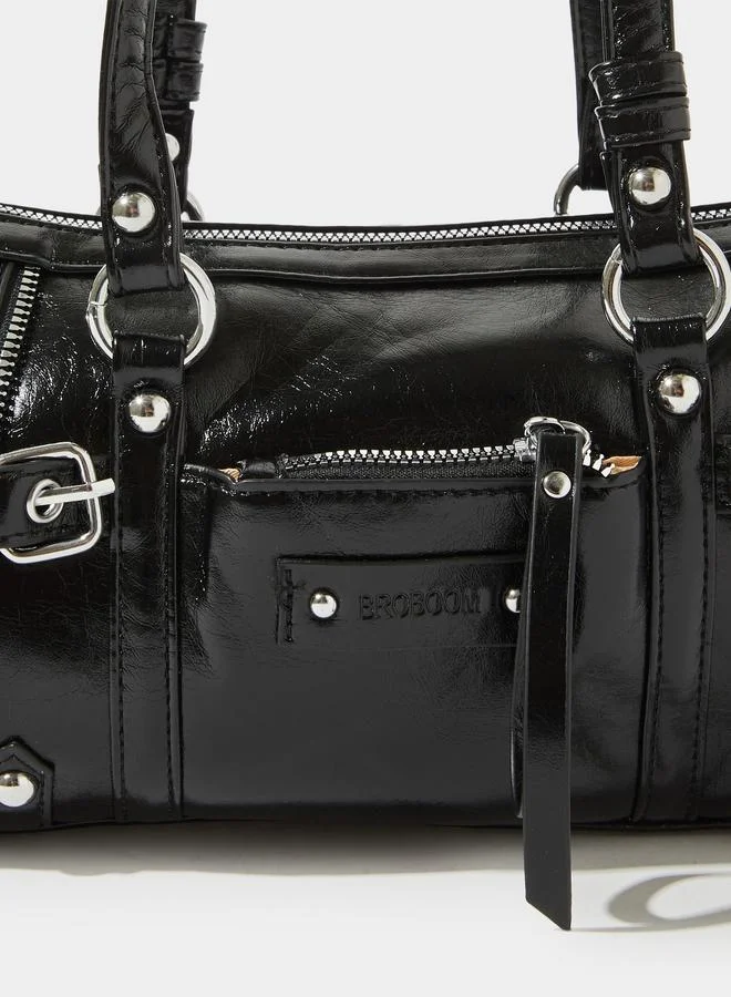 Styli  Black Patent City Shoulder Bag with Metal Details for Women | Best Price UAE