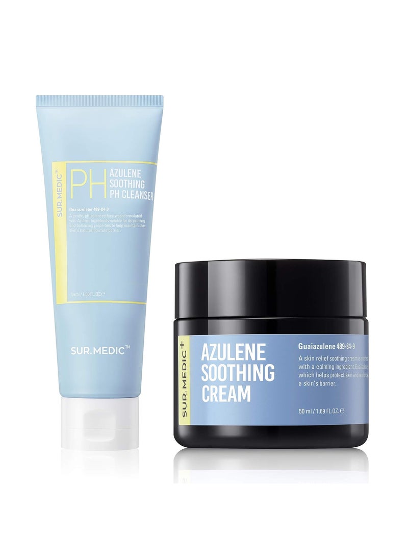 SUR.MEDIC+ Azulene Soothing Double Skin Care Duo for Sensitive Skin  Soothing PH Cleanser  Moisturizing Soothing Cream AfterCleansing for Soothing Facial Care Korean Skincare set 