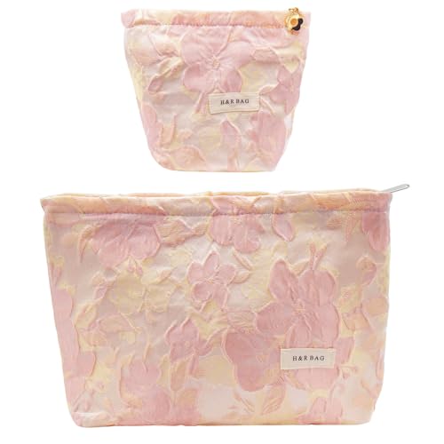 getgto 2 Pcs Makeup Bags, Large Cosmetic Bag Travel Toiletry Bag Organizer for Women, Embroidery Craft, Floral Makeup Bag Small Cosmetic Pouch Purse with Zipper Gifts for Girls Teen - Image 1