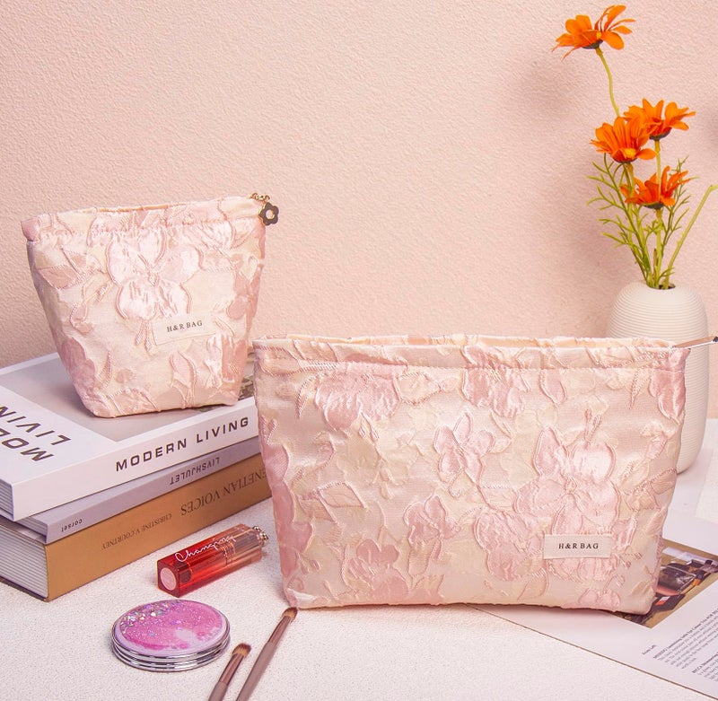 getgto 2 Pcs Makeup Bags, Large Cosmetic Bag Travel Toiletry Bag Organizer for Women, Embroidery Craft, Floral Makeup Bag Small Cosmetic Pouch Purse with Zipper Gifts for Girls Teen - Image 2
