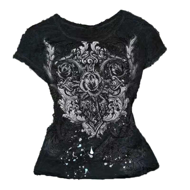 Dynict Womens Y2K Gothic Graphic V-Neck Slim Fit T-Shirt Grunge Vintage Short Sleeve Trendy Crop Tops (Black5,Small) - Image 1