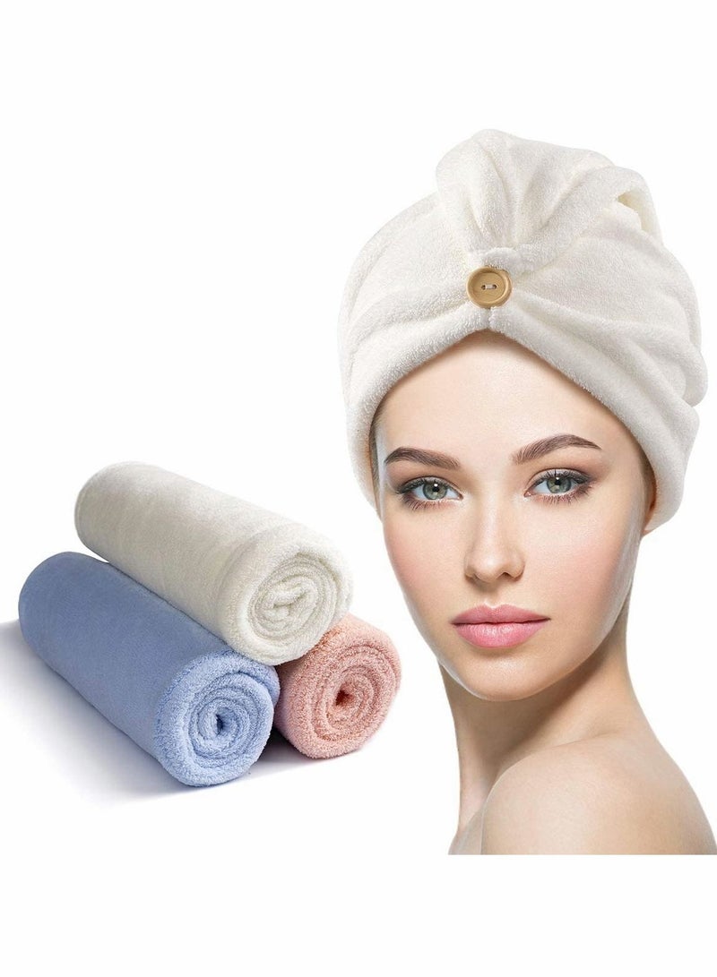 3 Pack Hair Drying Towels, Hair Towel with Button, Super Absorbent Microfiber Hair Towel for Curly Hair, Fast Drying Hair Wraps for Women Girls, Microfiber Towel for Hair - Image 1