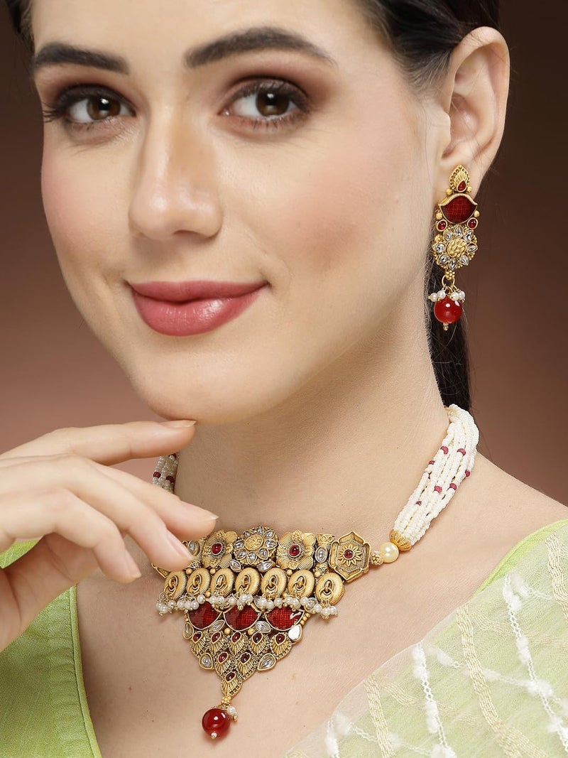 Adiva Gold-Plated Kundan Stone Pearls & Beads Meenakari Jewellery Set for Women, Traditional Stylish Jewellery Set for Women Party, Wedding, Bridal, Occasion, Festive - Image 3