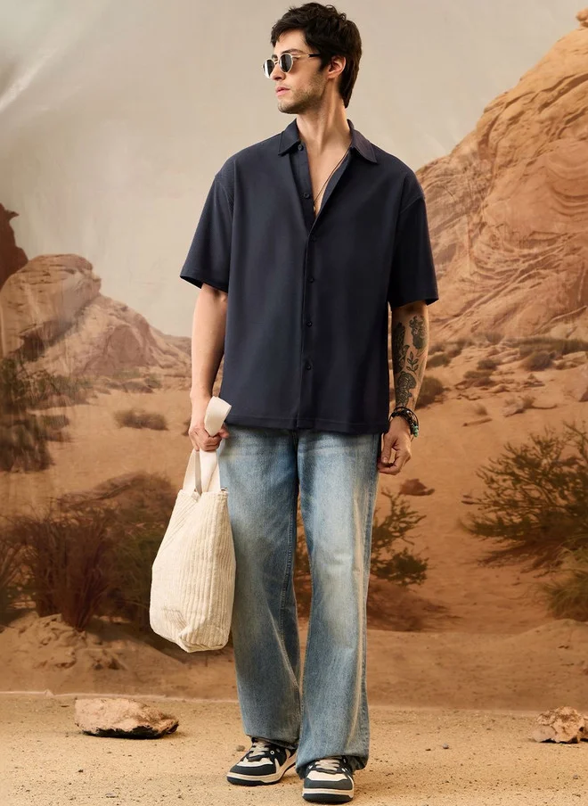 The Souled Store Men Oversized Fit Textured Navy Blue Shirt