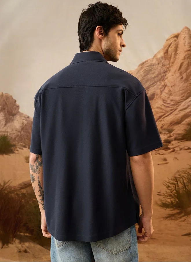 The Souled Store  The Souled Store Men Oversized Fit Textured Navy Blue Shirt  | Best Price UAE