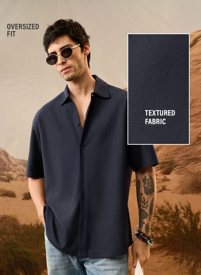 The Souled Store  The Souled Store Men Oversized Fit Textured Navy Blue Shirt  | Best Price UAE