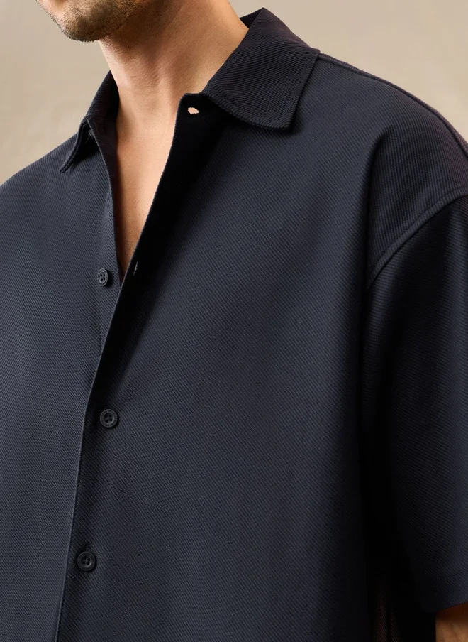 The Souled Store  The Souled Store Men Oversized Fit Textured Navy Blue Shirt  | Best Price UAE