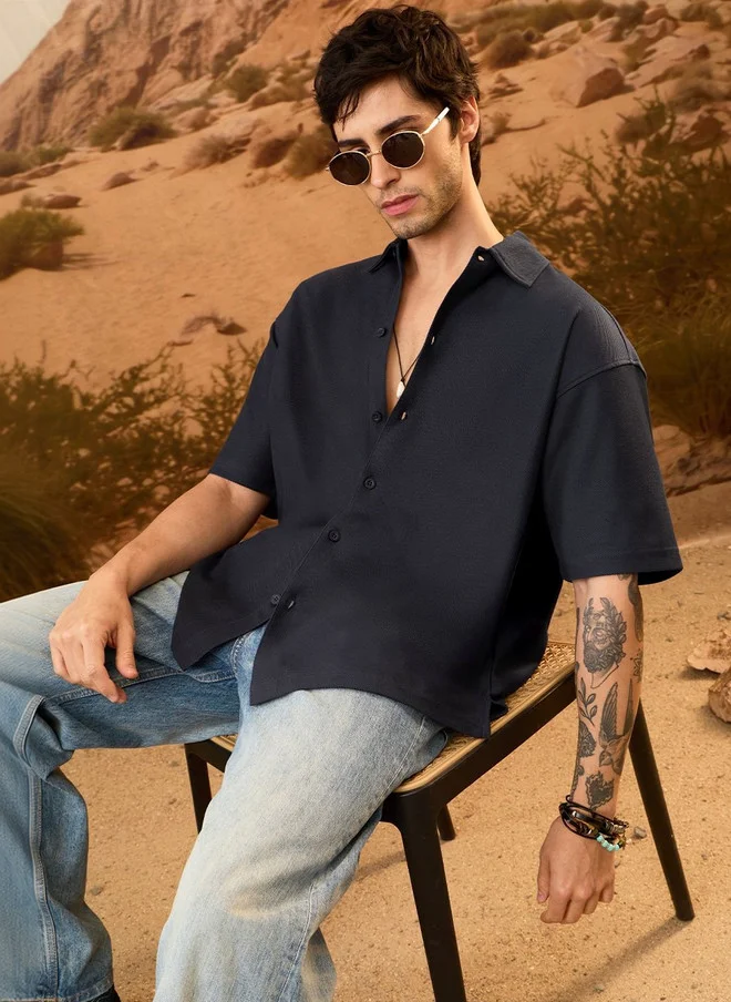 The Souled Store  The Souled Store Men Oversized Fit Textured Navy Blue Shirt  | Best Price UAE