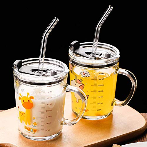 KHOLAD Random Design Glass Measuring Drinking Mug with Handle and Clear Lid with Silicone Straw for Girls & Kids Multiple Usage 350 ml (Dolphin - 2) - Image 1