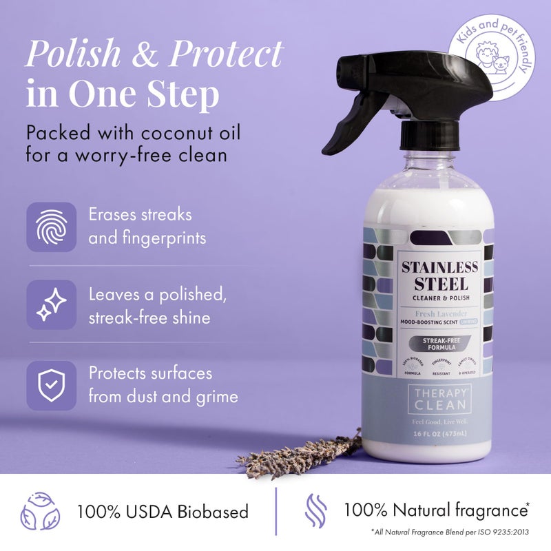 Therapy Stainless Steel Cleaner and Polish 100% USDA Biobased, Fingerprint and Residue Remover, Lavender Essential Oil Scent, Sink Cleaner, Grill Spray - Image 3