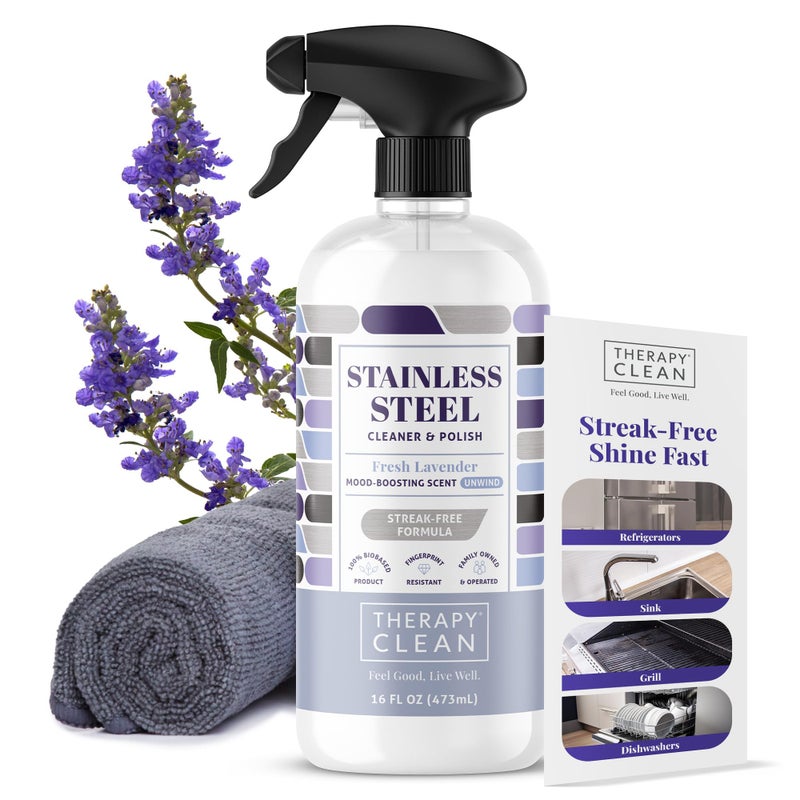 Therapy Stainless Steel Cleaner and Polish 100% USDA Biobased, Fingerprint and Residue Remover, Lavender Essential Oil Scent, Sink Cleaner, Grill Spray - Image 1
