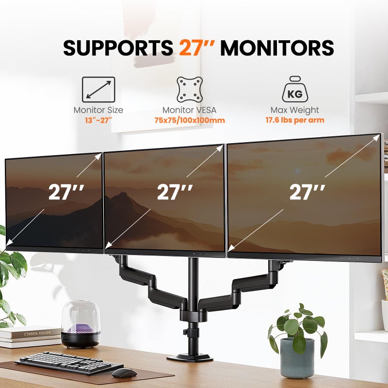 ErGear Triple Monitor Mount for 13-27 inch Screens, Premium Aluminum Triple Monitors Stand up to 17.6 lbs, Sturdy 3 Monitor Desk Mount with Swivel, Tilt, Rotation, Max VESA 100x100mm - Image 2