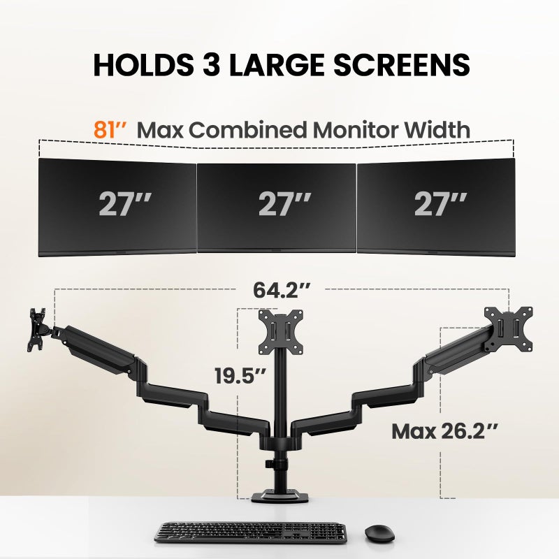 ErGear Triple Monitor Mount for 13-27 inch Screens, Premium Aluminum Triple Monitors Stand up to 17.6 lbs, Sturdy 3 Monitor Desk Mount with Swivel, Tilt, Rotation, Max VESA 100x100mm - Image 5