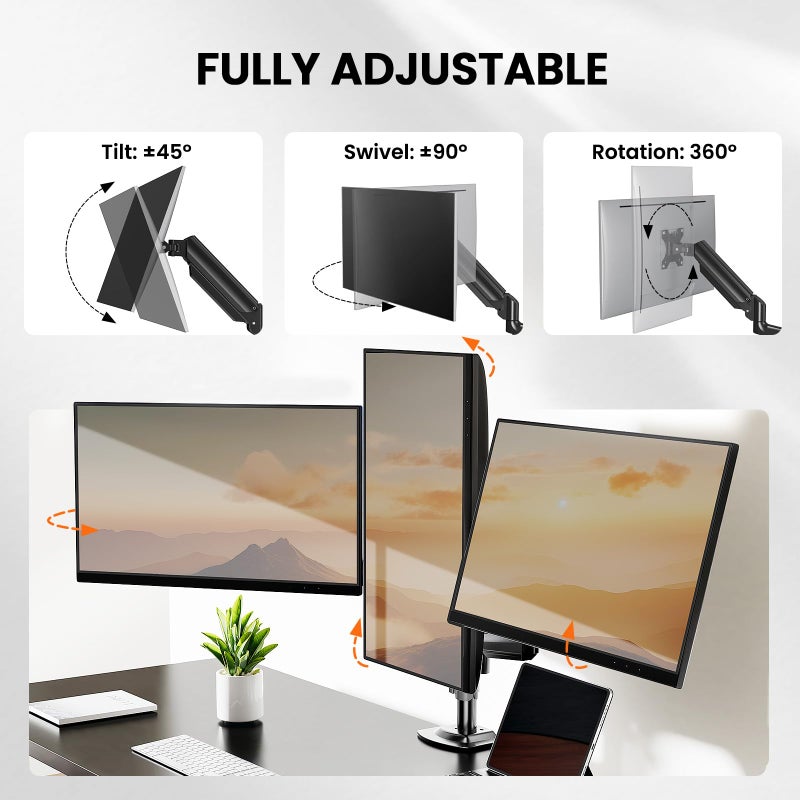 ErGear Triple Monitor Mount for 13-27 inch Screens, Premium Aluminum Triple Monitors Stand up to 17.6 lbs, Sturdy 3 Monitor Desk Mount with Swivel, Tilt, Rotation, Max VESA 100x100mm - Image 4
