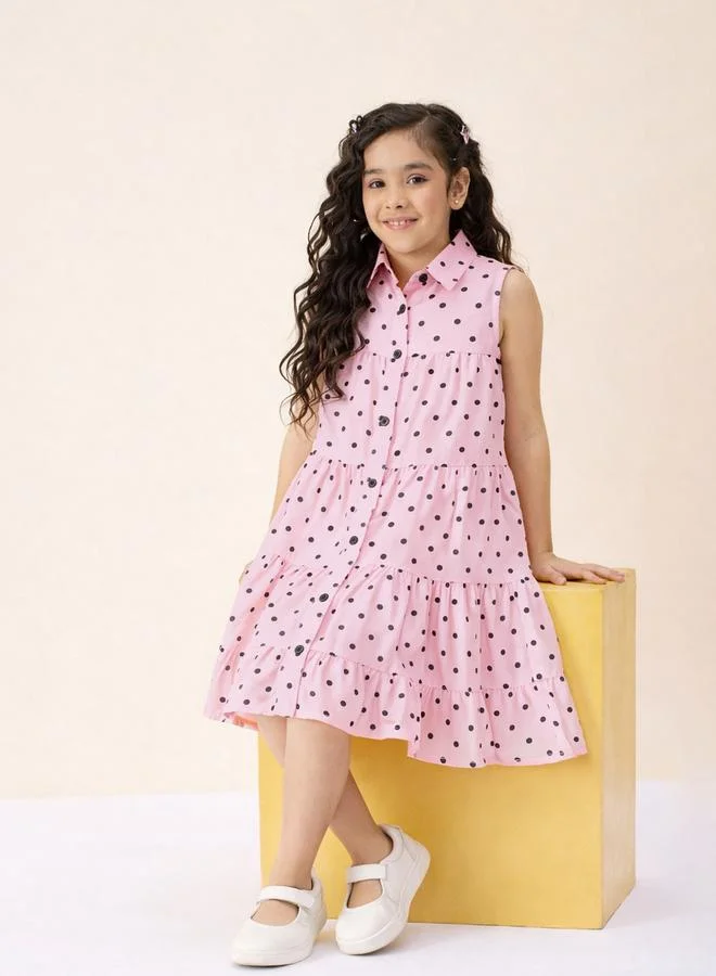 Stylo Bug Girls Polka Dots All over Print Shirt Collar Sleeveless A-Line Dress