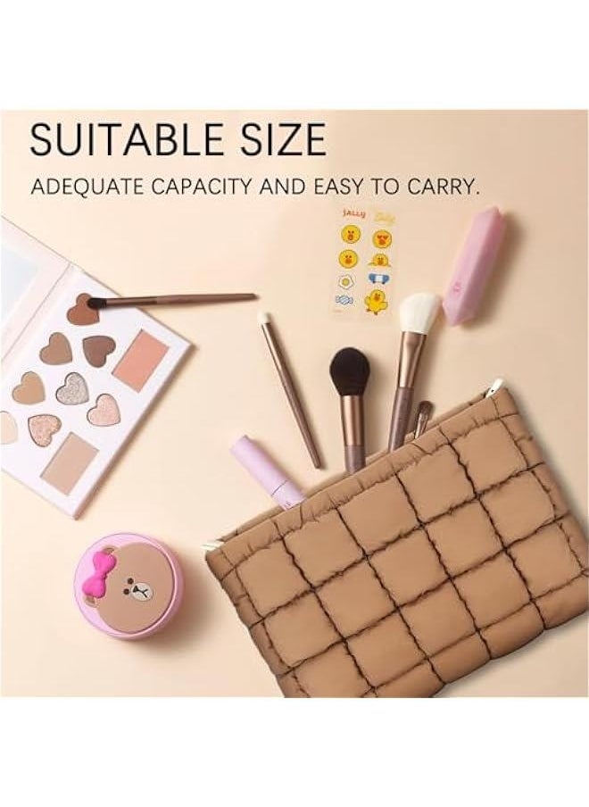 Generic - Puffy Quilted Makeup Bag Cotton Small Brown Travel Cosmetic Bag Cute Puffer Toiletry Bag Portable Zipper Makeup Pouch Coquette Aesthetic Makeup Brush Storage Organizer for Women Girls - Image 1