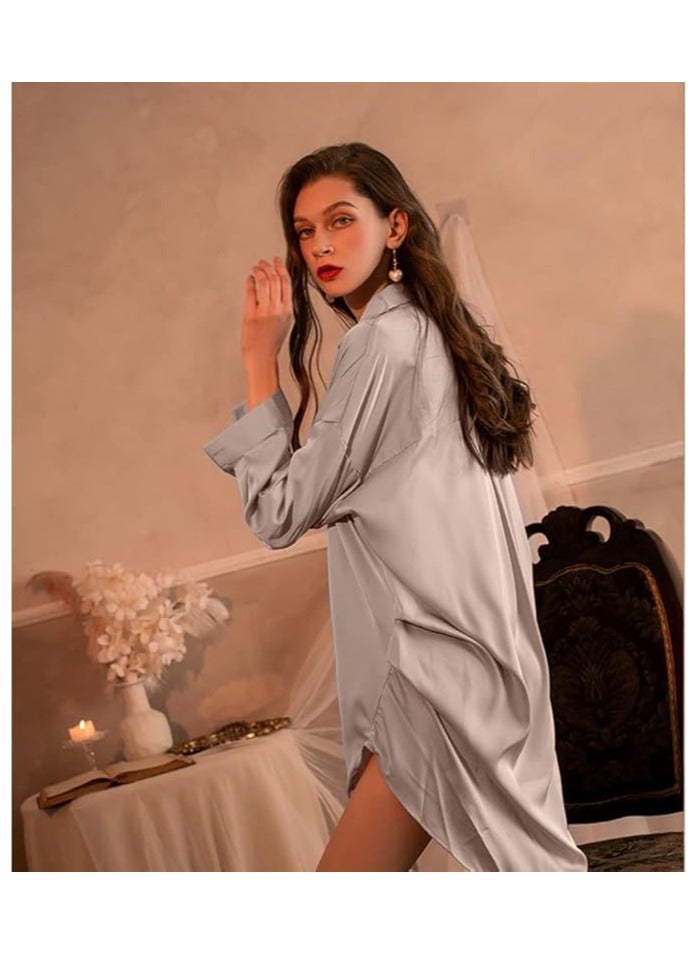 MARGOUN Women Satin Sleep Shirt Long Sleeve Nightgown Button Down Nightshirt Silk Sleepwear Soft Pajama Dress Bridesmaid Satin Shirt Mini Dress Women Sleeping Shirt Grey / M11 (One Size) - Image 2