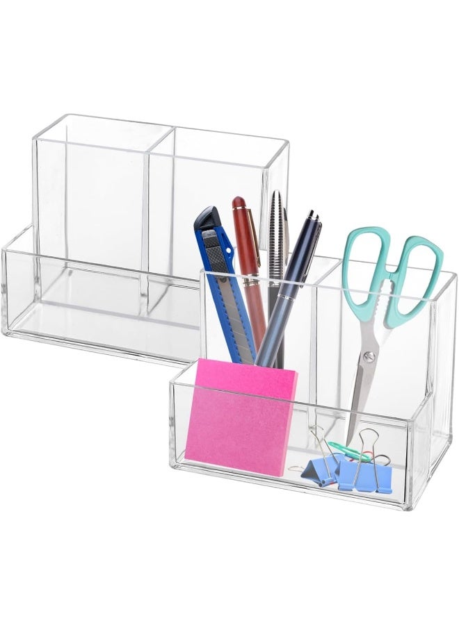TPGP Pen Holder, 2 Pack Clear Acrylic Makeup Brush Holder, Pencil Holder For Desk With Sticky Notes Holder And 3 Compartments, Pencil Organizer For Pen, Art Supply, Makeup Brush(Clear) - Image 1