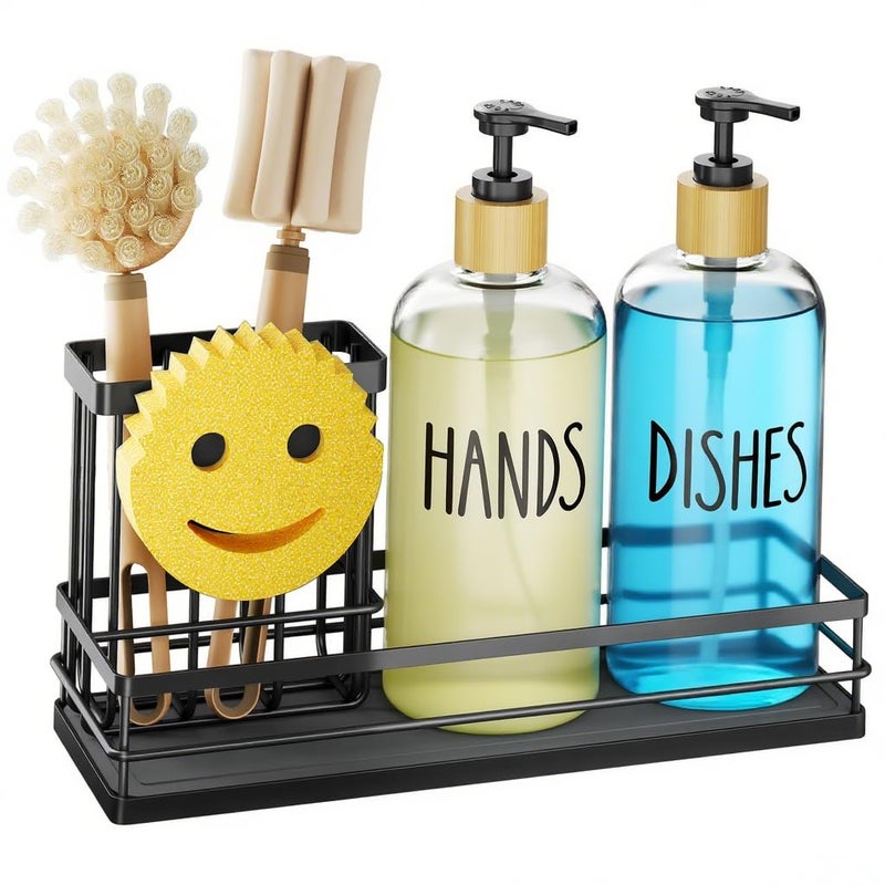 Moforoco Kitchen Dish Soap Dispenser Set  16OZ Glass Bottle  Hand and Dish Soap Dispenser Set  Instant Dry Tray  Non-Slip Silicone Pad  Brush Holder with Sponge Holder  Kitchen Decor(Clear Bottle) - Image 1