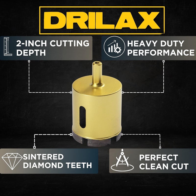 DRILAX 1-1/2" Diamond Hole Saw for Concrete & Masonry - Heavy Duty Core Drill Bit for Granite, Quartz, Pavement Stones, Brick | 3/8" Shank | 2-Inch Deep Cut - Image 2