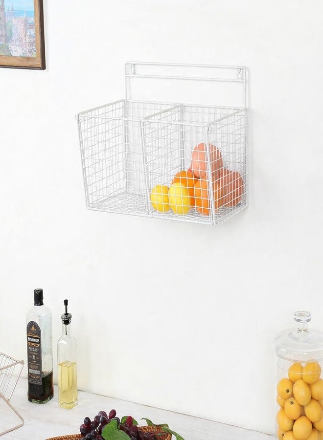 OGFC 58006 Wall mouted fruit basket - White Color Metal Wire Wall-Mounted 2-Compartment Fruit Basket, Wall shelf, Storage baskets - White - Image 1