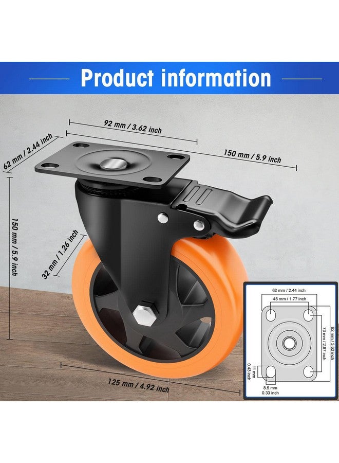 WeighTAJ Heavy Duty Polyurethane(PU) Caster Wheels-360 degree Swivel Caster 4pc set(2 with brakes/2 Without brakes)-Ideal For Trolleys, Equipment,Furniture,Home, Industries etc (5" Orange PU) - Image 2