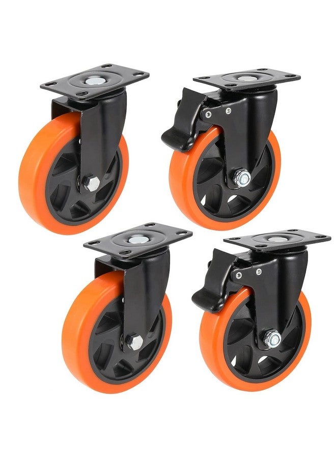 WeighTAJ Heavy Duty Polyurethane(PU) Caster Wheels-360 degree Swivel Caster 4pc set(2 with brakes/2 Without brakes)-Ideal For Trolleys, Equipment,Furniture,Home, Industries etc (5" Orange PU) - Image 1