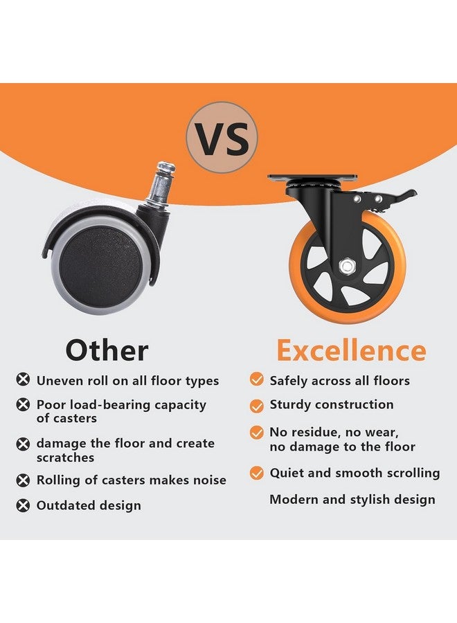 WeighTAJ Heavy Duty Polyurethane(PU) Caster Wheels-360 degree Swivel Caster 4pc set(2 with brakes/2 Without brakes)-Ideal For Trolleys, Equipment,Furniture,Home, Industries etc (5" Orange PU) - Image 5