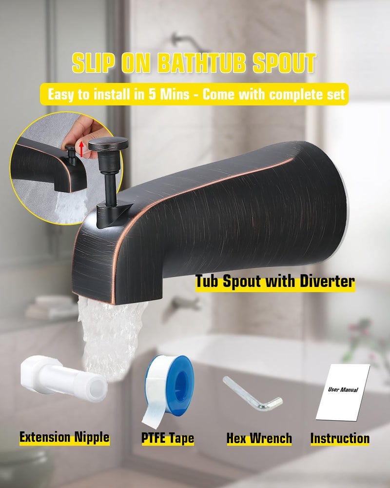 FROPO Tub Spout with Diverter, Slip On Bathtub Spout Fits 1/2'' Copper Tube(5/8'' Dia), Bathroom Tub Faucet with PTFE Tape & Hex Wrench, Oil Rubbed Bronze - Image 4
