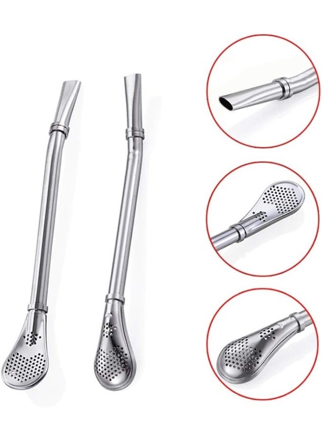 Yerba Mate Bombilla Gourd Drinking Filter Straws 304 Food-Grade Stainless Steel 6.1 inch Long Spoon Bombillas Straws for Mate Tea Set of 3 with Cleaning Brush (silver) - Image 2