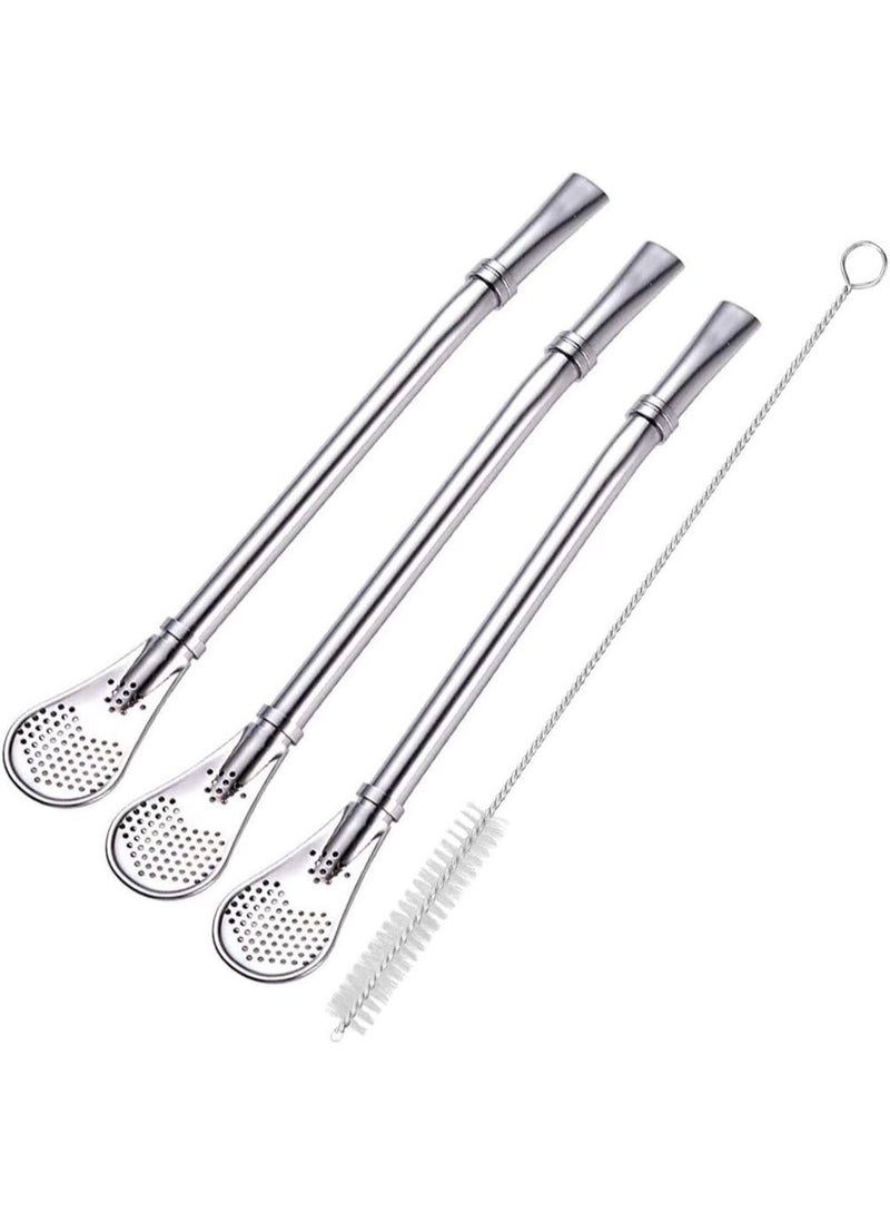 Yerba Mate Bombilla Gourd Drinking Filter Straws 304 Food-Grade Stainless Steel 6.1 inch Long Spoon Bombillas Straws for Mate Tea Set of 3 with Cleaning Brush (silver) - Image 1