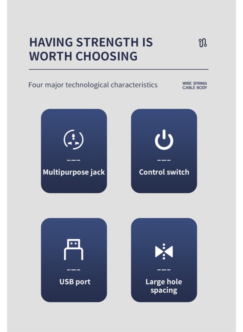 Beauenty 2 meters Universal Power Extension Cord, 5 Power Plugs, 3 USB  1 PD Type-C Charging Ports Extension lead Surge protector - Black - Image 3