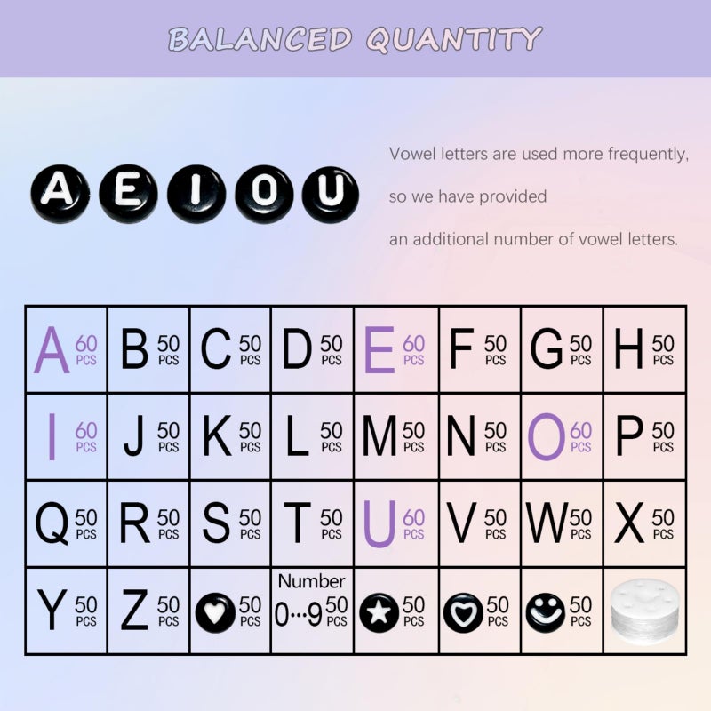 Looconi Amaney 1600pcs Black Letter Beads 4x7mm Round Acrylic Alphabet A-Z Number Star Smiley Beads and Heart Pattern for Jewelry Making - Image 4