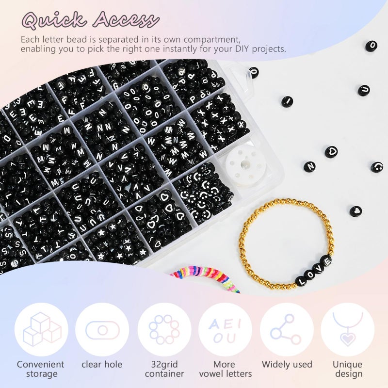 Looconi Amaney 1600pcs Black Letter Beads 4x7mm Round Acrylic Alphabet A-Z Number Star Smiley Beads and Heart Pattern for Jewelry Making - Image 3
