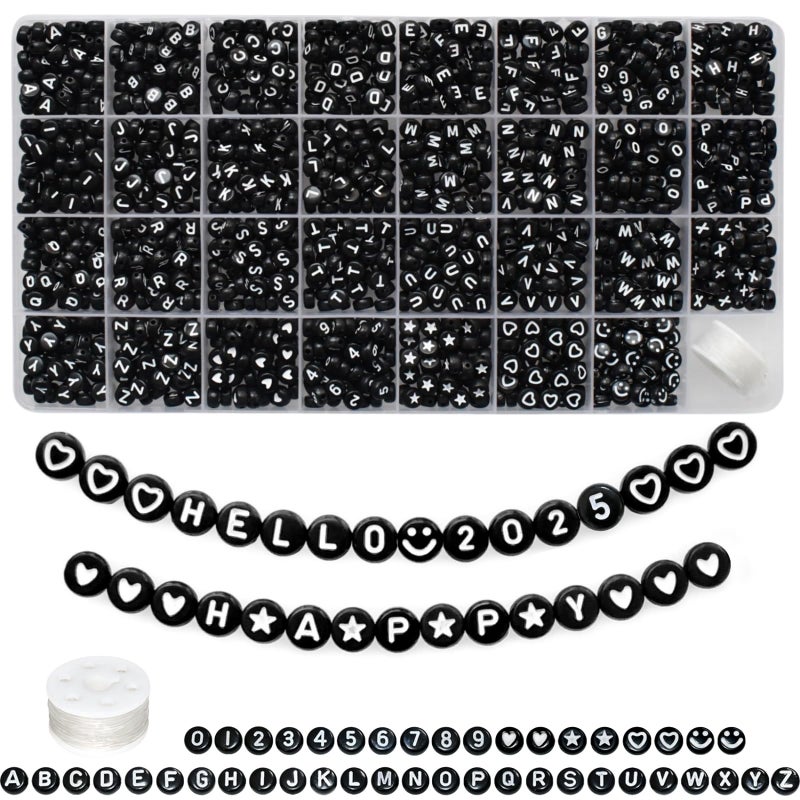 Looconi Amaney 1600pcs Black Letter Beads 4x7mm Round Acrylic Alphabet A-Z Number Star Smiley Beads and Heart Pattern for Jewelry Making - Image 1