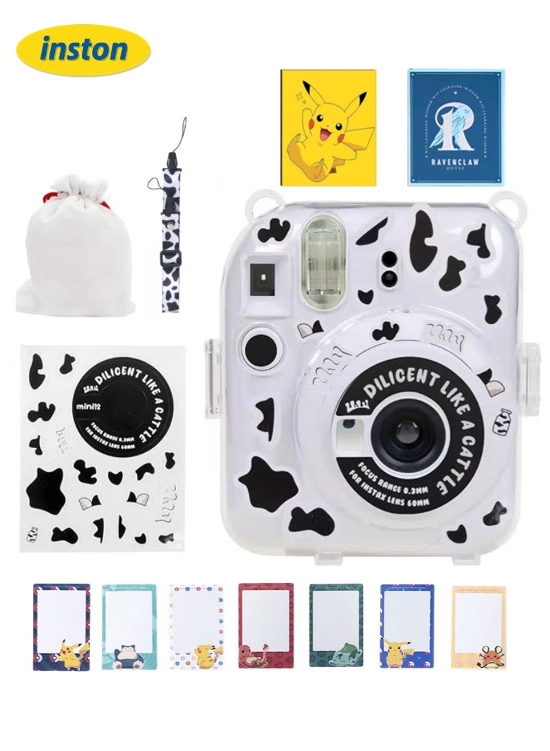inston 7 Pack Clear Camera Case Compatible with Fujifilm Instax Mini 12 Instant Camera, with Adjustable Shoulder Strap, Camera Case Stickers, Two 3-Inch Photo Albums, One Storage Bag, 10 Sheets of Film Border Stickers, Mini 12 Hard Case with Photo Pocket on Back, Black and White  - Image 1