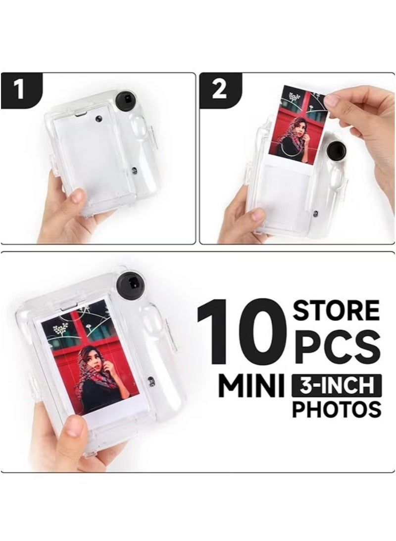inston 7 Pack Clear Camera Case Compatible with Fujifilm Instax Mini 12 Instant Camera, with Adjustable Shoulder Strap, Camera Case Stickers, Two 3-Inch Photo Albums, One Storage Bag, 10 Sheets of Film Border Stickers, Mini 12 Hard Case with Photo Pocket on Back, Black and White  - Image 4