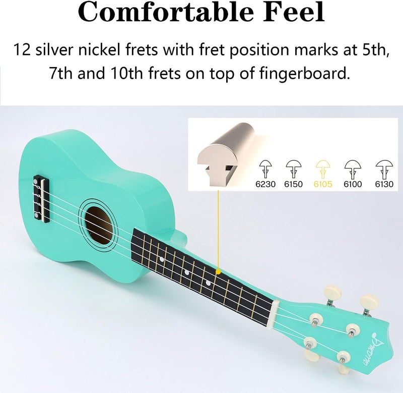 Amdini 21 Inch Ukulele for Beginners Basswood Soprano Ukelele Kit for Kids Adult Student Starter Mini Guitar Ukalelee Pack Bundle with Book Gig Bag Tuner Strap Picks Nylon Strings (Mint Green) - Image 5